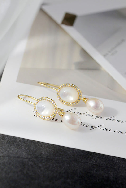 Inlaid Natural Freshwater Pearl 925 Sterling Silver Earring Simple Versatile 18K Gold Plated White Shell Inlay Earring Jewelry