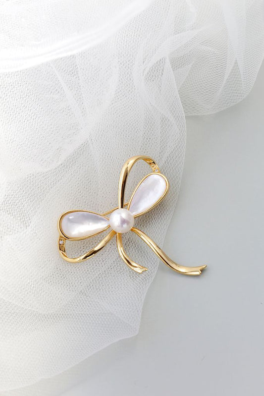 Minimalist Elegant 925 Sterling Silver Brooch 18K Gold Plated Bow Design Inlaid Natural Freshwater Pearl Shellfish Brooch Gift
