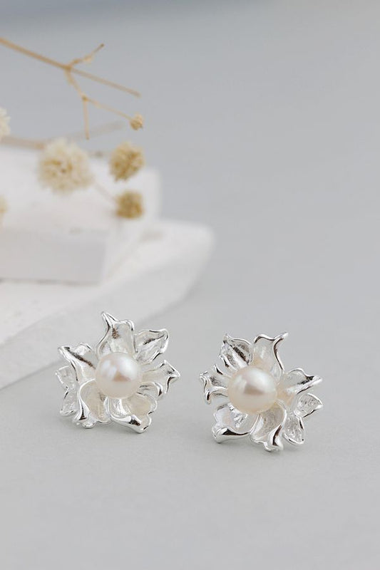Authentic 925 Sterling Silver Fashion Big Petal Earring Inlaid 8mm Natural Freshwater Pearl Earring National Style Jewelry