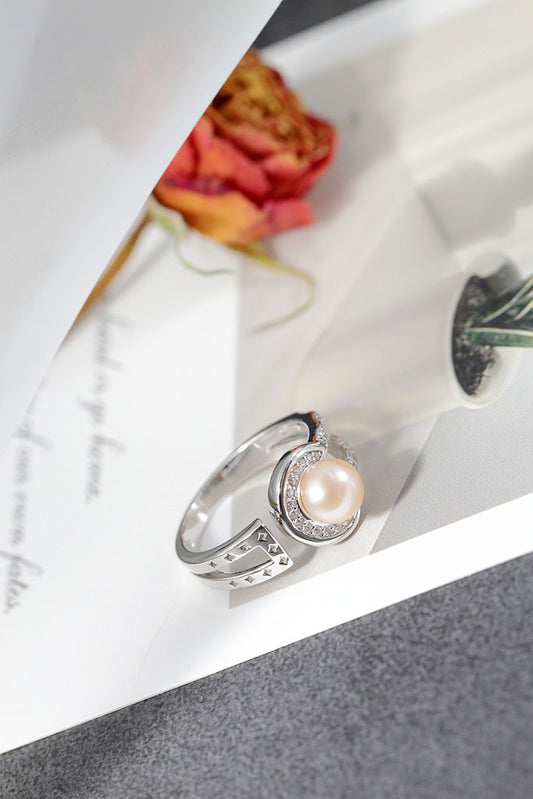 Authentic 925 Sterling Silver Ring Fashion Design Inlaid Natural Freshwater Pearl Opening Ring Minimalist Style Jewelry Gift
