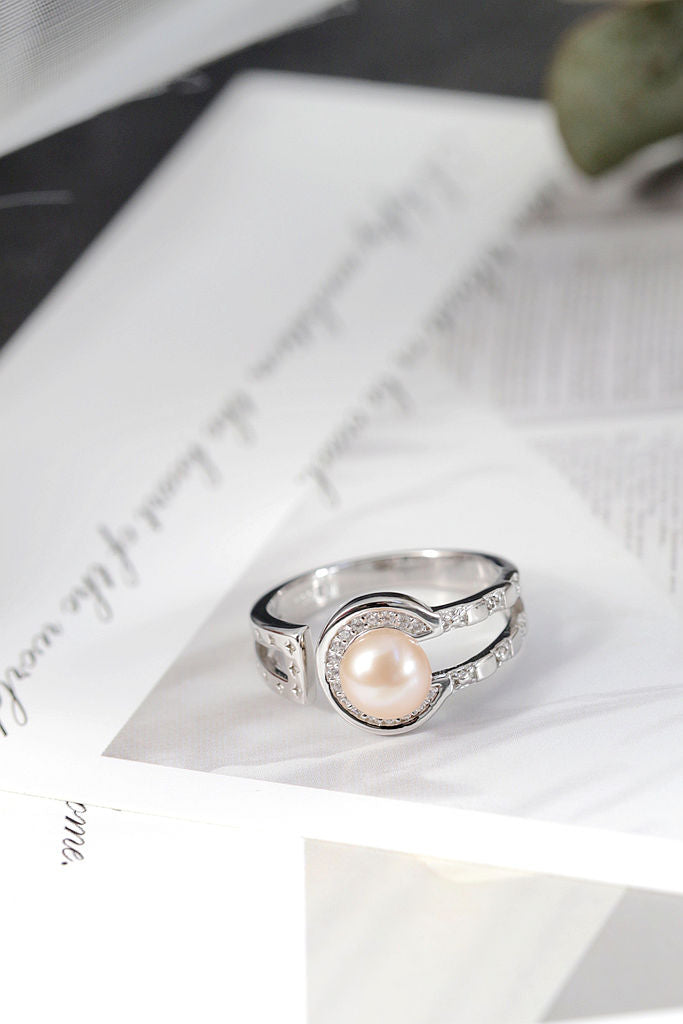 Authentic 925 Sterling Silver Ring Fashion Design Inlaid Natural Freshwater Pearl Opening Ring Minimalist Style Jewelry Gift