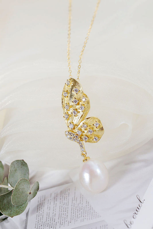 Authentic 925 Sterling Silver Pendant Inlaid Natural Baroque Pearl Fashion 18K Gold Plated Butterfly Pendant Party Jewelry Gift