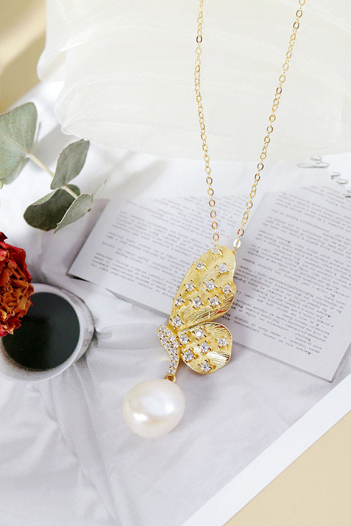 Authentic 925 Sterling Silver Pendant Inlaid Natural Baroque Pearl Fashion 18K Gold Plated Butterfly Pendant Party Jewelry Gift