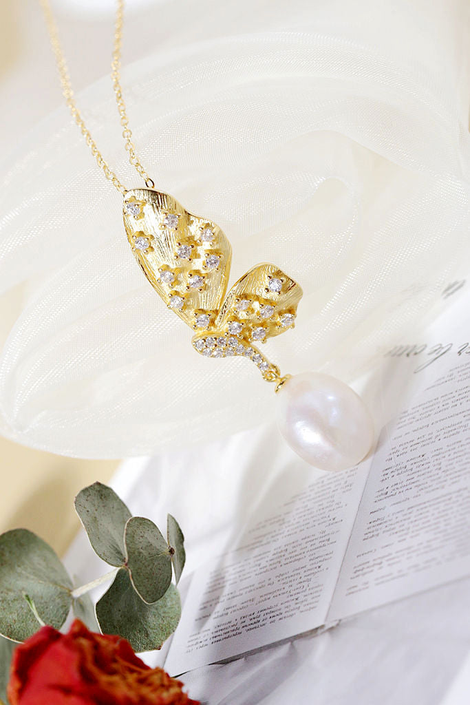 Authentic 925 Sterling Silver Pendant Inlaid Natural Baroque Pearl Fashion 18K Gold Plated Butterfly Pendant Party Jewelry Gift