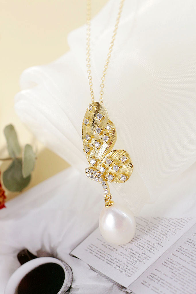 Authentic 925 Sterling Silver Pendant Inlaid Natural Baroque Pearl Fashion 18K Gold Plated Butterfly Pendant Party Jewelry Gift