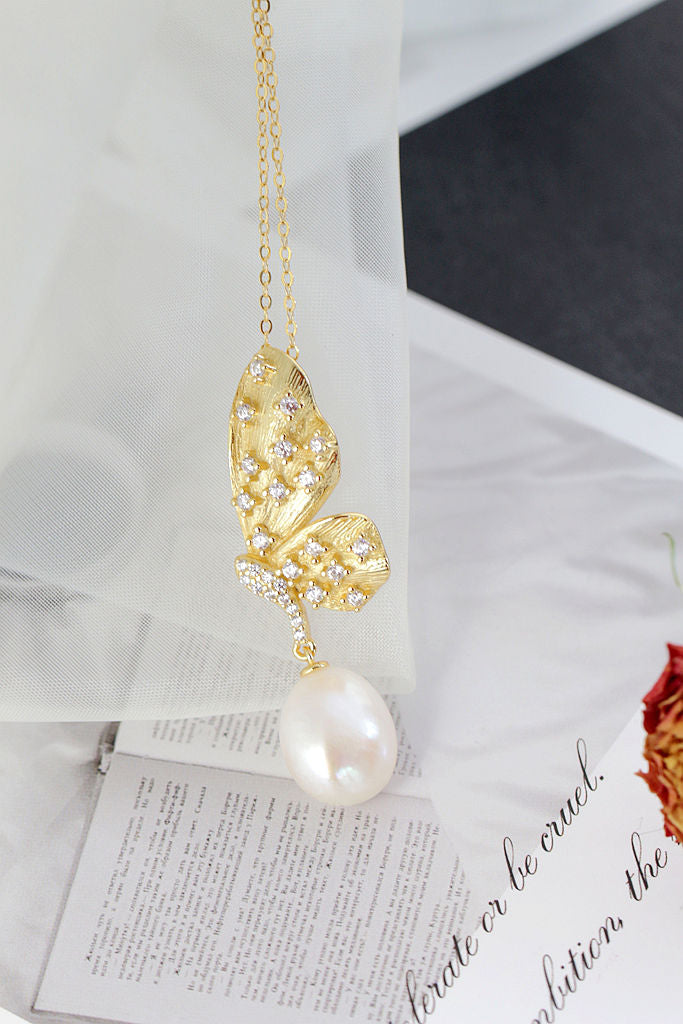 Authentic 925 Sterling Silver Pendant Inlaid Natural Baroque Pearl Fashion 18K Gold Plated Butterfly Pendant Party Jewelry Gift