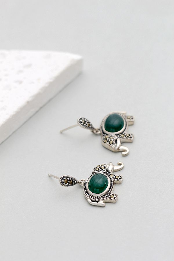 Authentic 925 Sterling Silver Earrings Inlaid Natural Green Agate National Style Little Elephant Earring Trendy Jewelry Gift