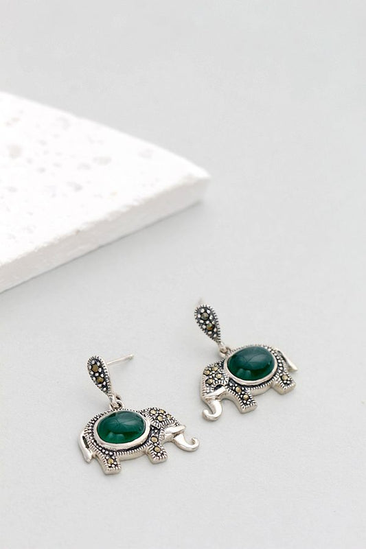 Authentic 925 Sterling Silver Earrings Inlaid Natural Green Agate National Style Little Elephant Earring Trendy Jewelry Gift