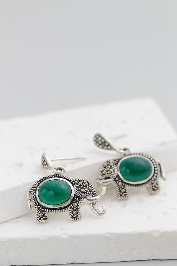 Authentic 925 Sterling Silver Earrings Inlaid Natural Green Agate National Style Little Elephant Earring Trendy Jewelry Gift