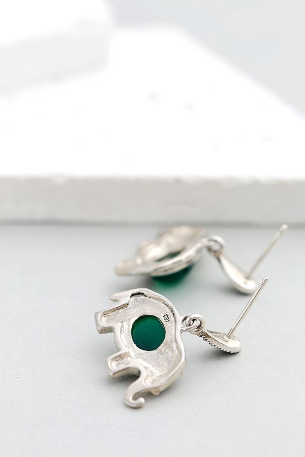 Authentic 925 Sterling Silver Earrings Inlaid Natural Green Agate National Style Little Elephant Earring Trendy Jewelry Gift
