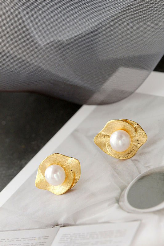 Stylish Petal Simple Creative Design 925 Sterling Silver Stud Earrings Inlaid Natural Freshwater Pearl 18k Gold-Plated Earring