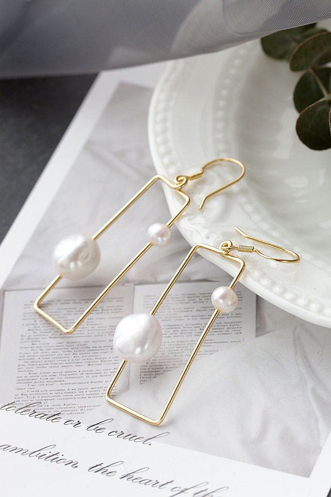 Handcrafted Inlaid Natural Baroque Pearl 18K Gold Plated Earring Simple lines Geometric Shape 925 Sterling Silver Earring Gift