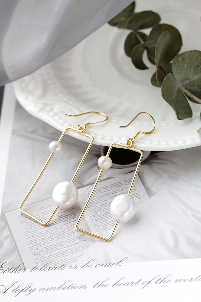 Handcrafted Inlaid Natural Baroque Pearl 18K Gold Plated Earring Simple lines Geometric Shape 925 Sterling Silver Earring Gift