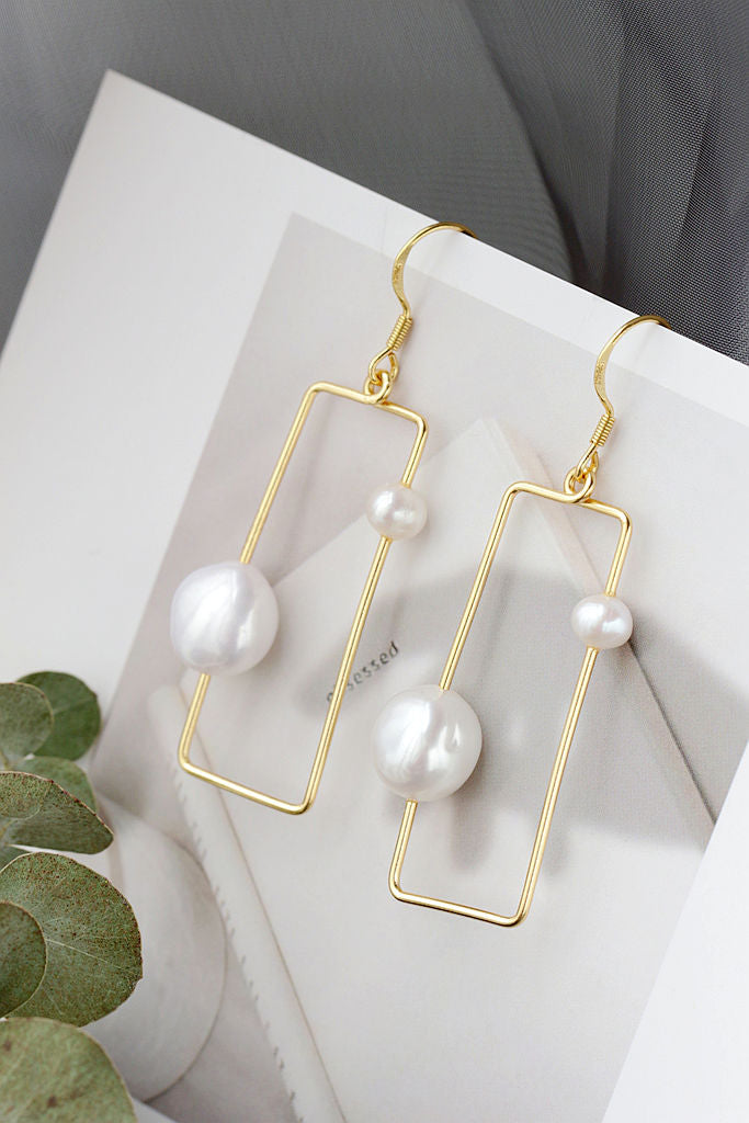 Handcrafted Inlaid Natural Baroque Pearl 18K Gold Plated Earring Simple lines Geometric Shape 925 Sterling Silver Earring Gift