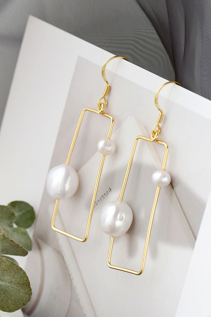 Handcrafted Inlaid Natural Baroque Pearl 18K Gold Plated Earring Simple lines Geometric Shape 925 Sterling Silver Earring Gift