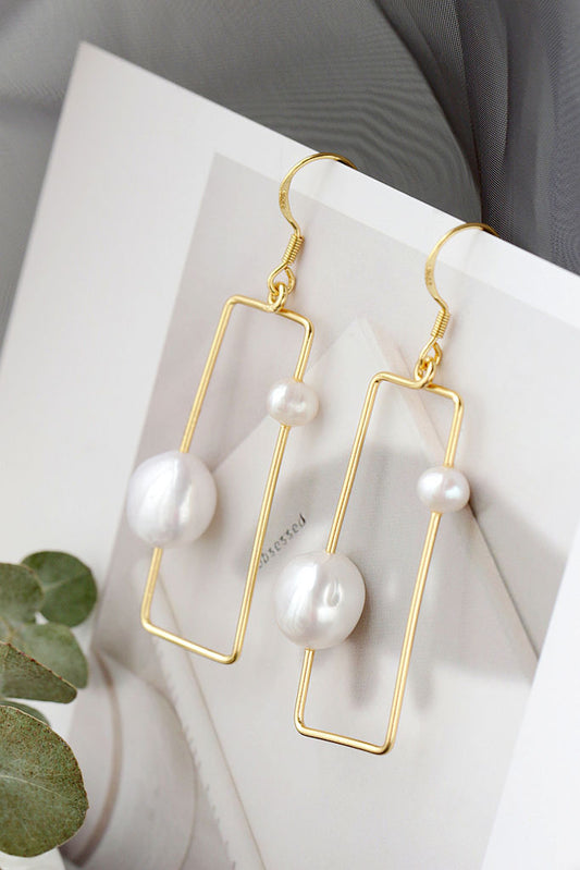 Handcrafted Inlaid Natural Baroque Pearl 18K Gold Plated Earring Simple lines Geometric Shape 925 Sterling Silver Earring Gift