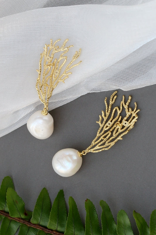 18K Gold Plated Coral Pattern Earring Inlaid Natural Baroque Freshwater Pearl Fashion Creative 925 Sterling Silver Earrings