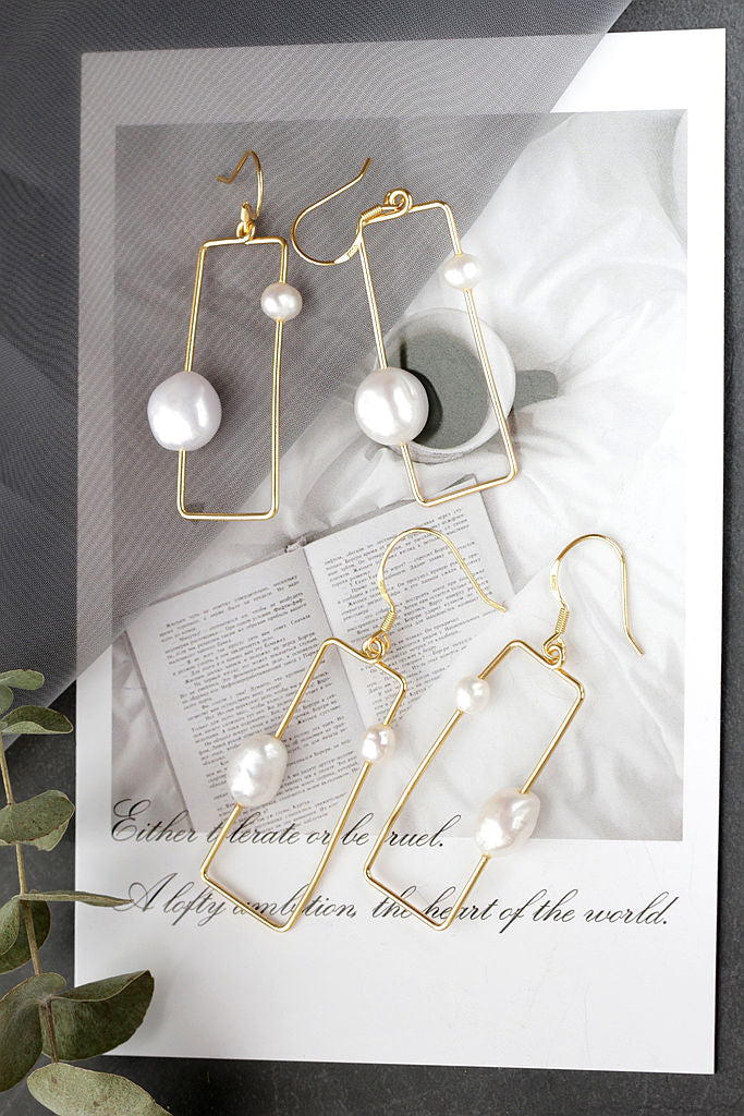 Handcrafted Inlaid Natural Baroque Pearl 18K Gold Plated Earring Simple lines Geometric Shape 925 Sterling Silver Earring Gift
