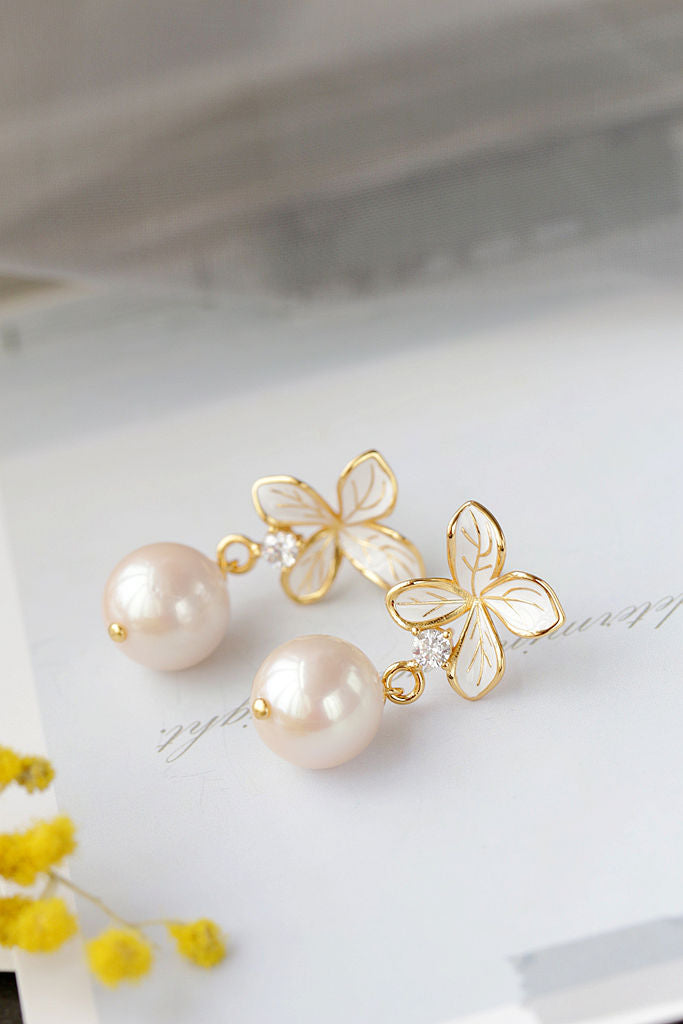Inlaid Natural Baroque Pearl 925 Sterling Silver Earring Fashion Drip Oil Process Petal 18K Gold Plated Earring Jewelry Gift