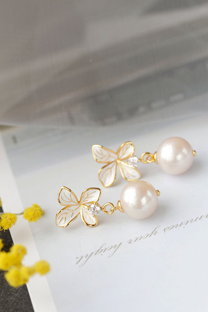 Inlaid Natural Baroque Pearl 925 Sterling Silver Earring Fashion Drip Oil Process Petal 18K Gold Plated Earring Jewelry Gift