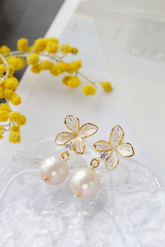 Inlaid Natural Baroque Pearl 925 Sterling Silver Earring Fashion Drip Oil Process Petal 18K Gold Plated Earring Jewelry Gift