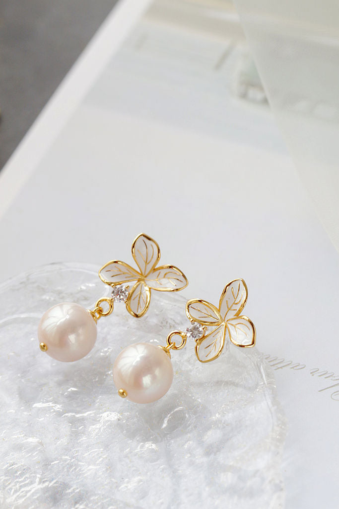 Inlaid Natural Baroque Pearl 925 Sterling Silver Earring Fashion Drip Oil Process Petal 18K Gold Plated Earring Jewelry Gift