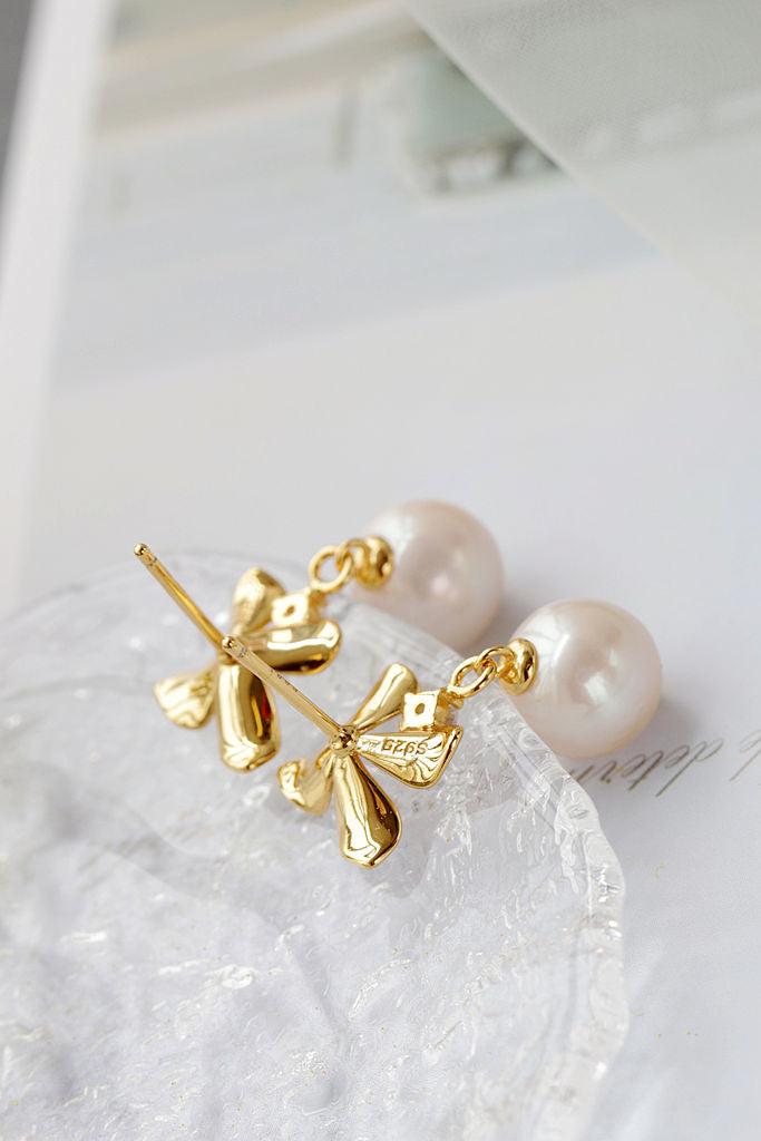 Inlaid Natural Baroque Pearl 925 Sterling Silver Earring Fashion Drip Oil Process Petal 18K Gold Plated Earring Jewelry Gift