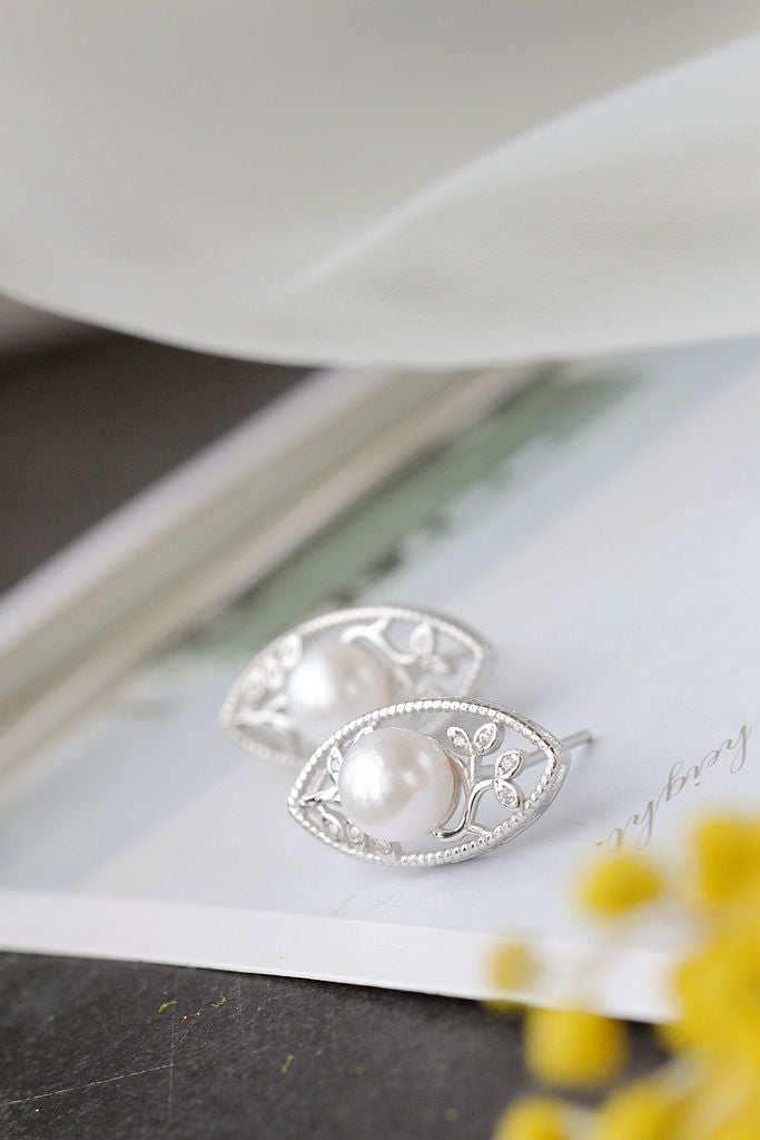 Fashion Flower Twig 925 Sterling Silver Earring Inlaid Natural Freshwater Pearl Elegant Temperament Small Earring Jewelry Gift