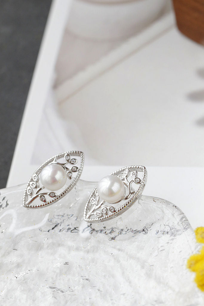 Fashion Flower Twig 925 Sterling Silver Earring Inlaid Natural Freshwater Pearl Elegant Temperament Small Earring Jewelry Gift