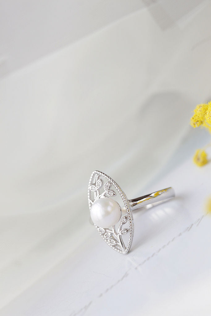 Fashion Flower Twig 925 Sterling Silver Ring Inlaid Natural Freshwater Pearl Elegant Temperament Women Ring Jewelry Gift