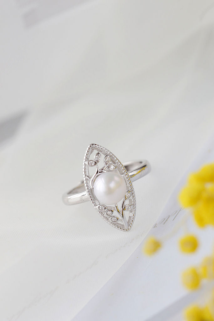Fashion Flower Twig 925 Sterling Silver Ring Inlaid Natural Freshwater Pearl Elegant Temperament Women Ring Jewelry Gift