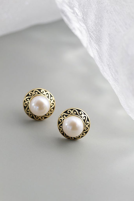 Vintage Court Decor 925 Sterling Silver Earring Inlaid Natural Freshwater Pearl 18K Gold Plated Earring Fashion Elegant Jewelry