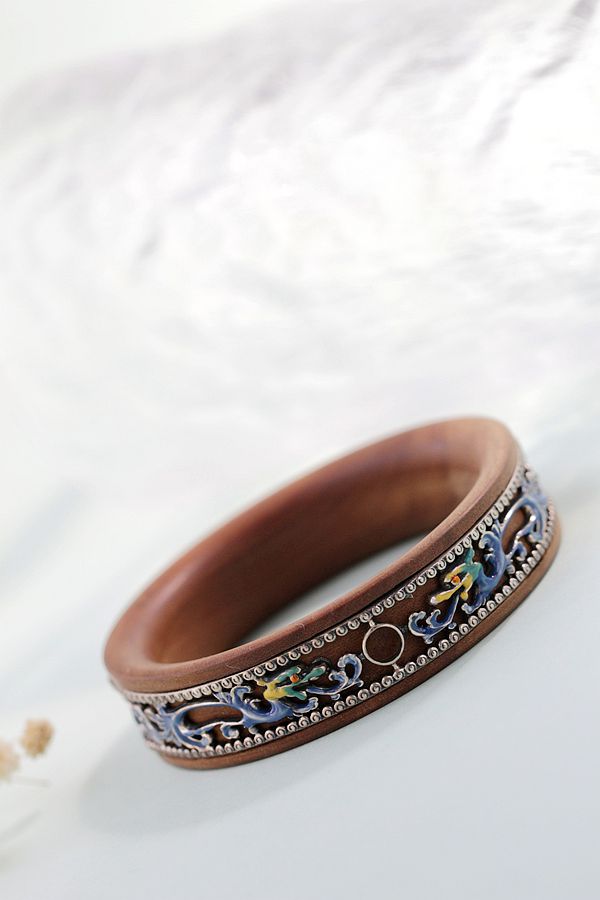 Natural Sandalwood Bracelet 925 Sterling Silver Chinese Dragons Auspicious Clouds Cloisonné Technique Nostalgic Feel Bracelet