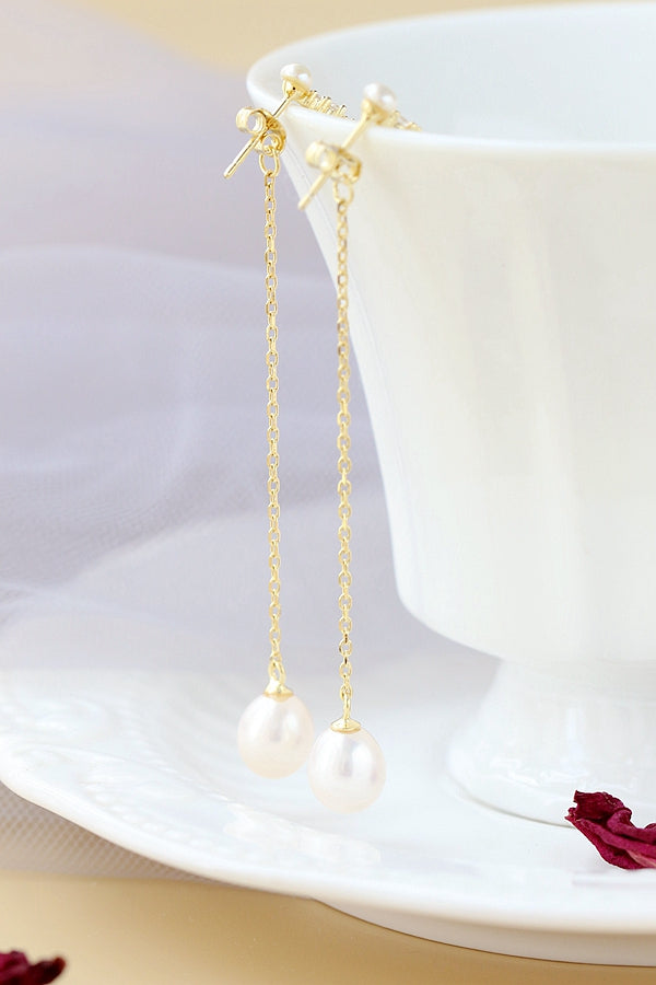 925 Sterling Silver Earring Inlaid Natural Freshwater Pearl Fashion Long Tassel 18K Gold Plated Earring