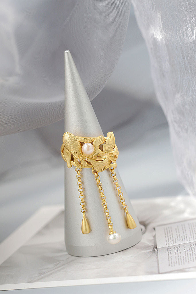 Authentic 925 Sterling Silver Ring Inlaid Natural Pearl 18K Gold Plated Little Goldfish With Beautiful Fish Tails Ring Gift