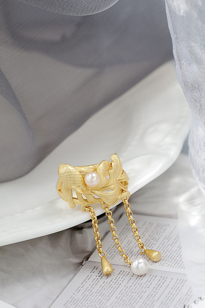 Authentic 925 Sterling Silver Ring Inlaid Natural Pearl 18K Gold Plated Little Goldfish With Beautiful Fish Tails Ring Gift