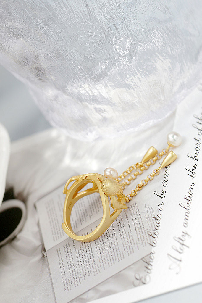Authentic 925 Sterling Silver Ring Inlaid Natural Pearl 18K Gold Plated Little Goldfish With Beautiful Fish Tails Ring Gift