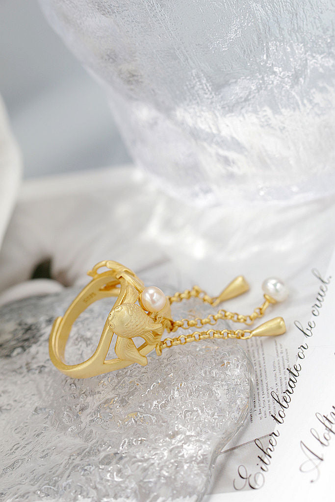 Authentic 925 Sterling Silver Ring Inlaid Natural Pearl 18K Gold Plated Little Goldfish With Beautiful Fish Tails Ring Gift
