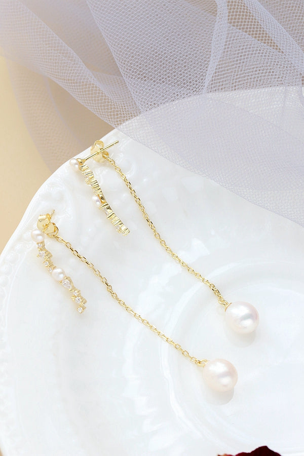 925 Sterling Silver Earring Inlaid Natural Freshwater Pearl Fashion Long Tassel 18K Gold Plated Earring