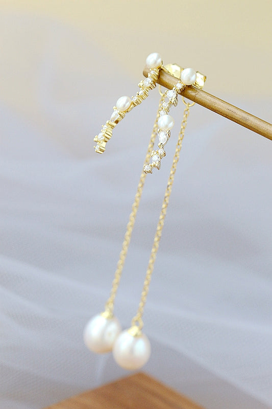 925 Sterling Silver Earring Inlaid Natural Freshwater Pearl Fashion Long Tassel 18K Gold Plated Earring