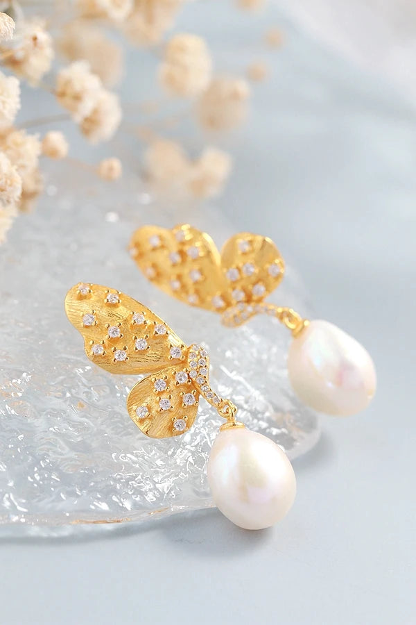 Creative Trendy 18K Gold Plated Butterfly Inlaid Natural Baroque Pearl 925 Sterling Silver Earring Female Fine Jewelry Gift