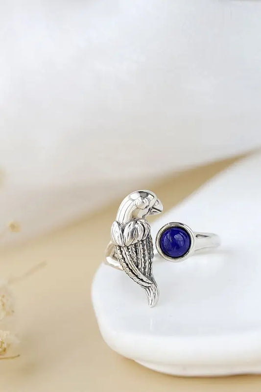 Authentic 925 Sterling Silver Rings Inlaid Natural Lapis Retro Style Creativ Little Parrot Opening Ring Women Jewelry Gift
