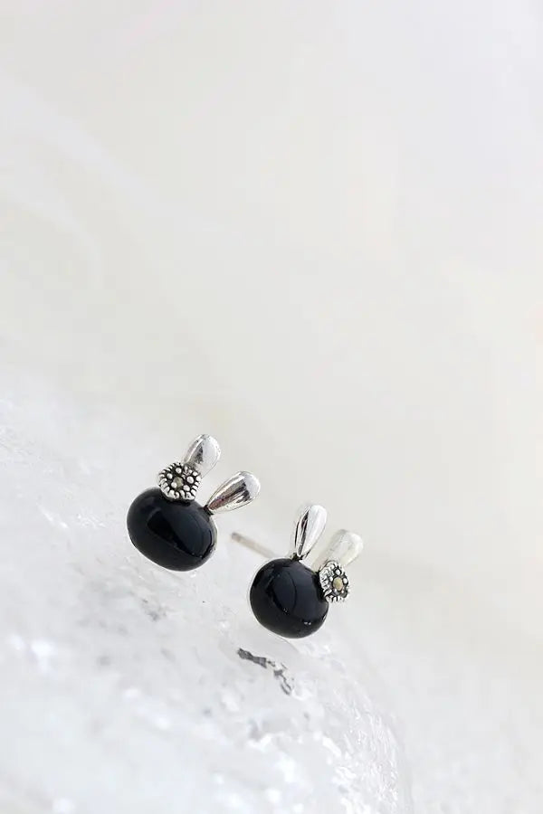 Authentic 925 Sterling Silver Little Earring Cute Bunny Head Inlaid Natural Black Agate Earring Lady Trendy Style Jewelry Gift