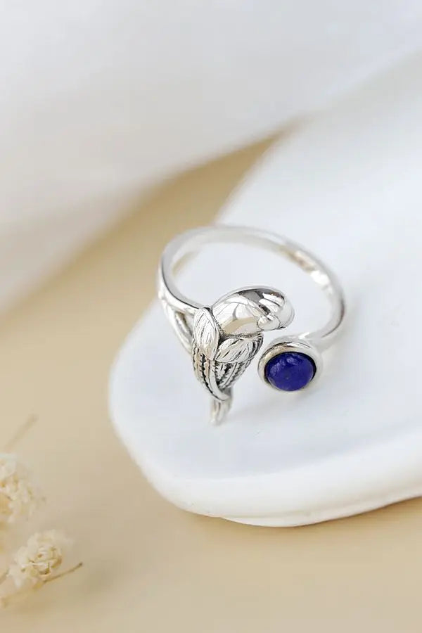 Authentic 925 Sterling Silver Rings Inlaid Natural Lapis Retro Style Creativ Little Parrot Opening Ring Women Jewelry Gift
