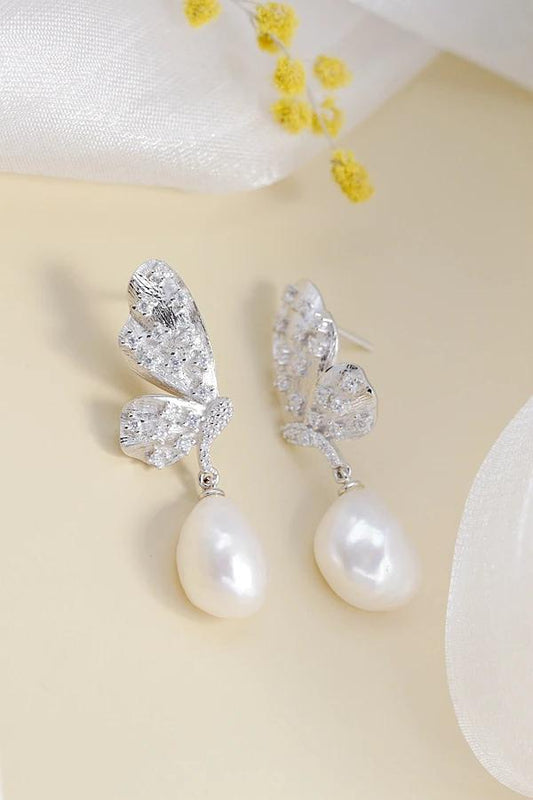 Authentic 925 Sterling Silver Earring Trendy Creative Butterfly Inlaid Natural Baroque Pearl Earring Elegant Lady Jewelry Gift