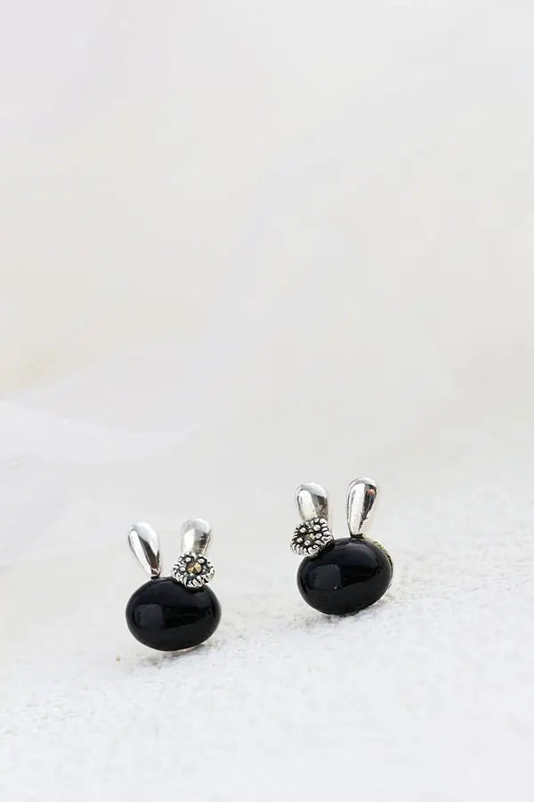 Authentic 925 Sterling Silver Little Earring Cute Bunny Head Inlaid Natural Black Agate Earring Lady Trendy Style Jewelry Gift