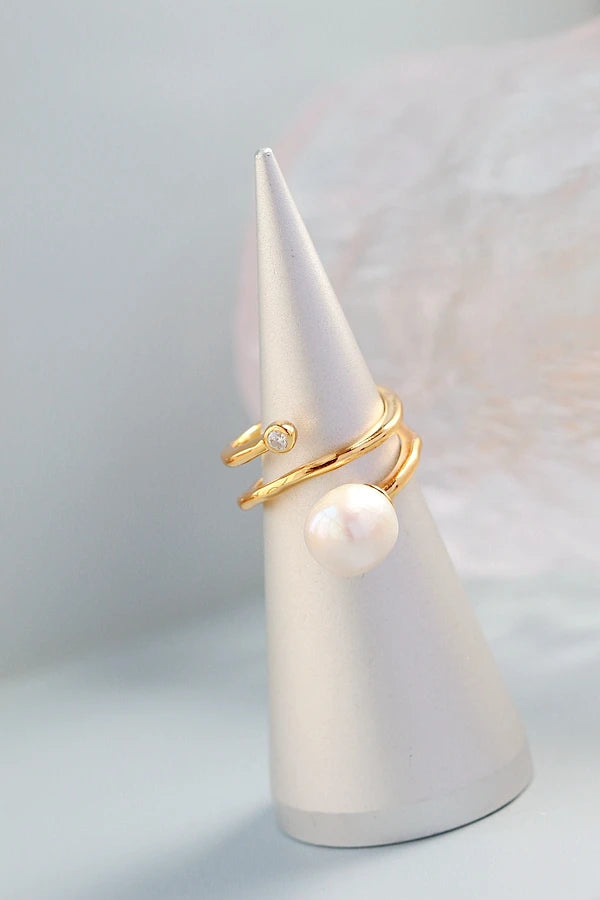Natural Freshwater Baroque Pearl Ring Retro Style 925 Sterling Silver 18K Gold Plated Fashion Women Opening Adjustable Rings