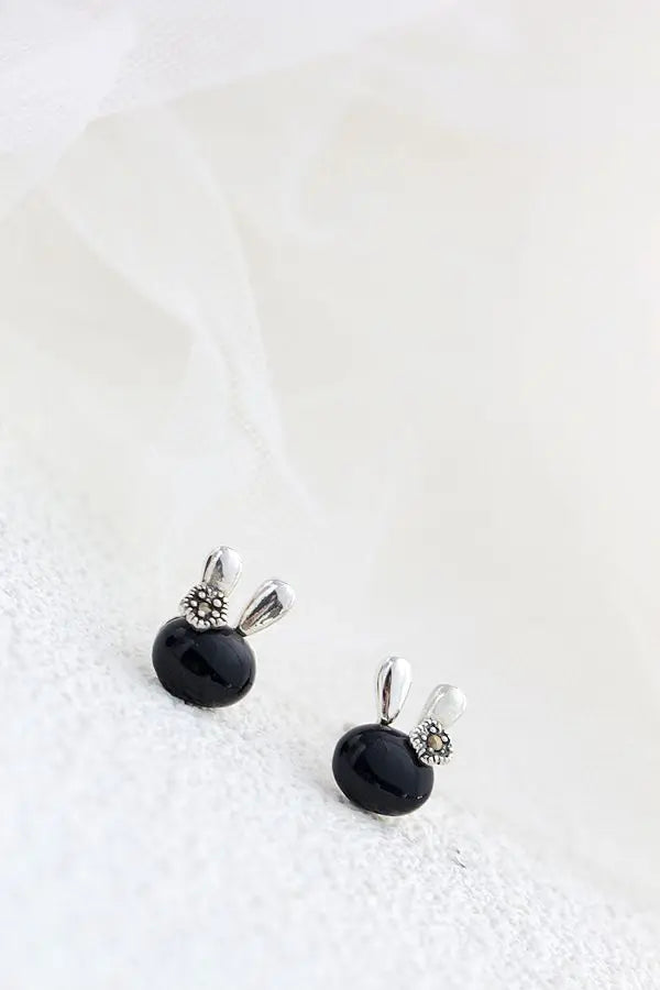 Authentic 925 Sterling Silver Little Earring Cute Bunny Head Inlaid Natural Black Agate Earring Lady Trendy Style Jewelry Gift