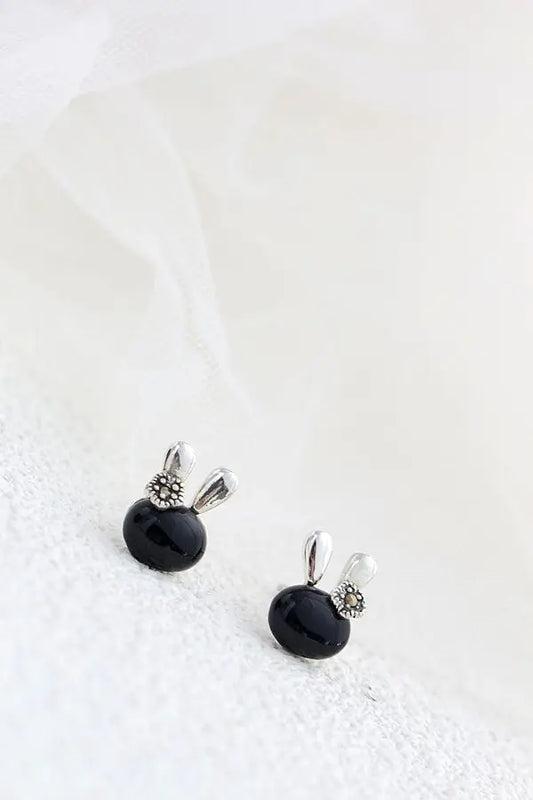 Authentic 925 Sterling Silver Little Earring Cute Bunny Head Inlaid Natural Black Agate Earring Lady Trendy Style Jewelry Gift