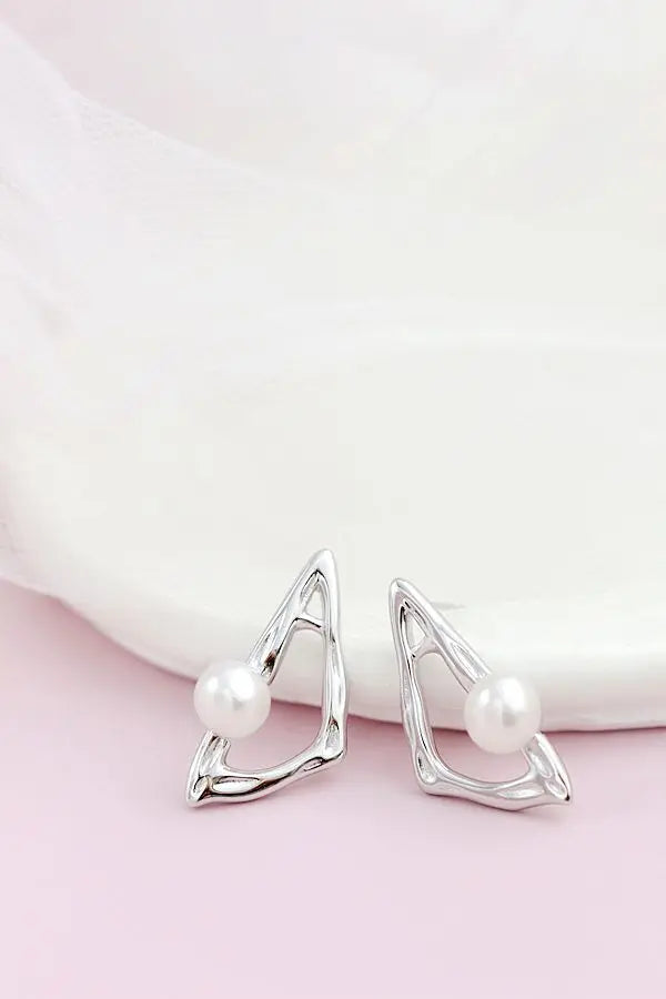 Authentic 925 Sterling Silver Earring Inlaid Natural Freshwater Pearl Triangle Earring Geometry Creative Trendy Jewelry Gift